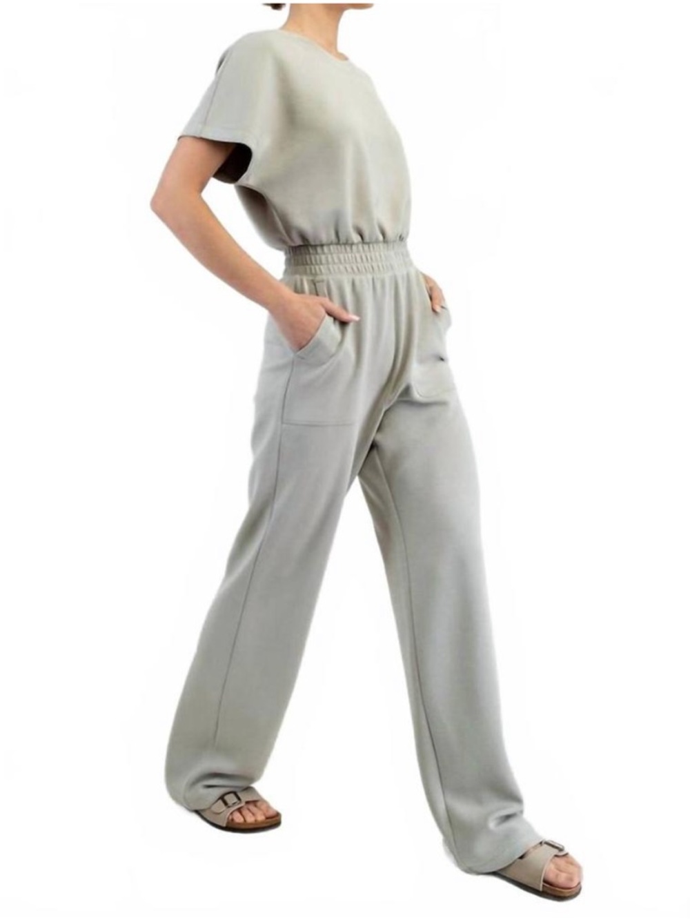 Rae Mode Relaxed Short Sleeve High-Waist Wide Leg Jumpsuit Light Sage Medium NEW - Picture 2 of 4